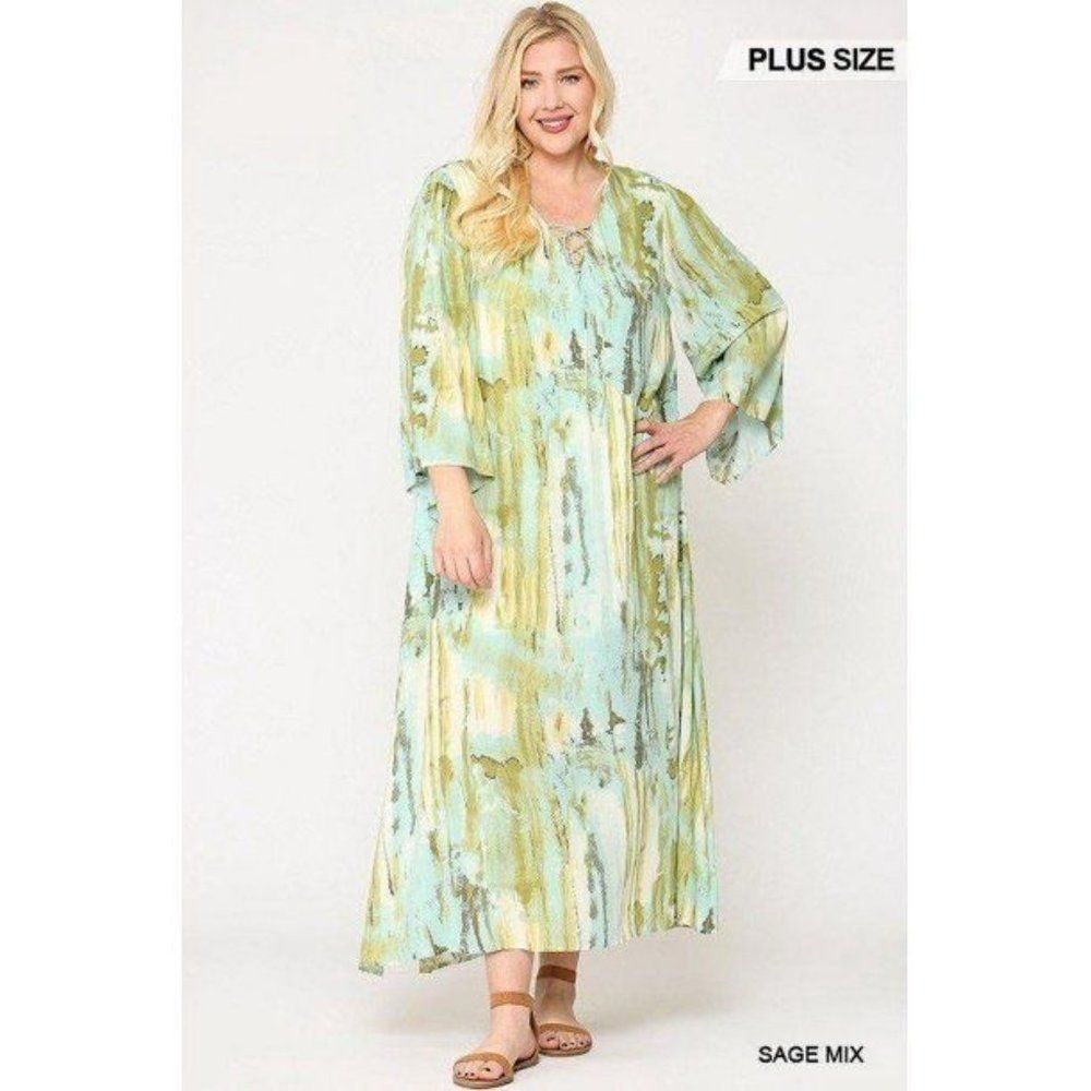 Sage Green Mix Print Tie Dye Multi Color Printed Maxi Dress With Lace Up - Picture 2 of 6